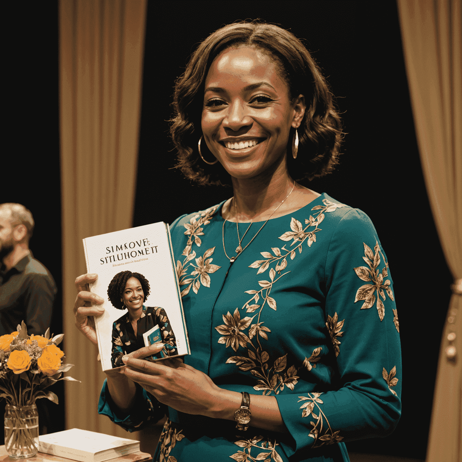 Imagem do evento de lançamento do livro de Simone Tebet, mostrando a autora sorrindo e segurando seu novo livro em um palco decorado