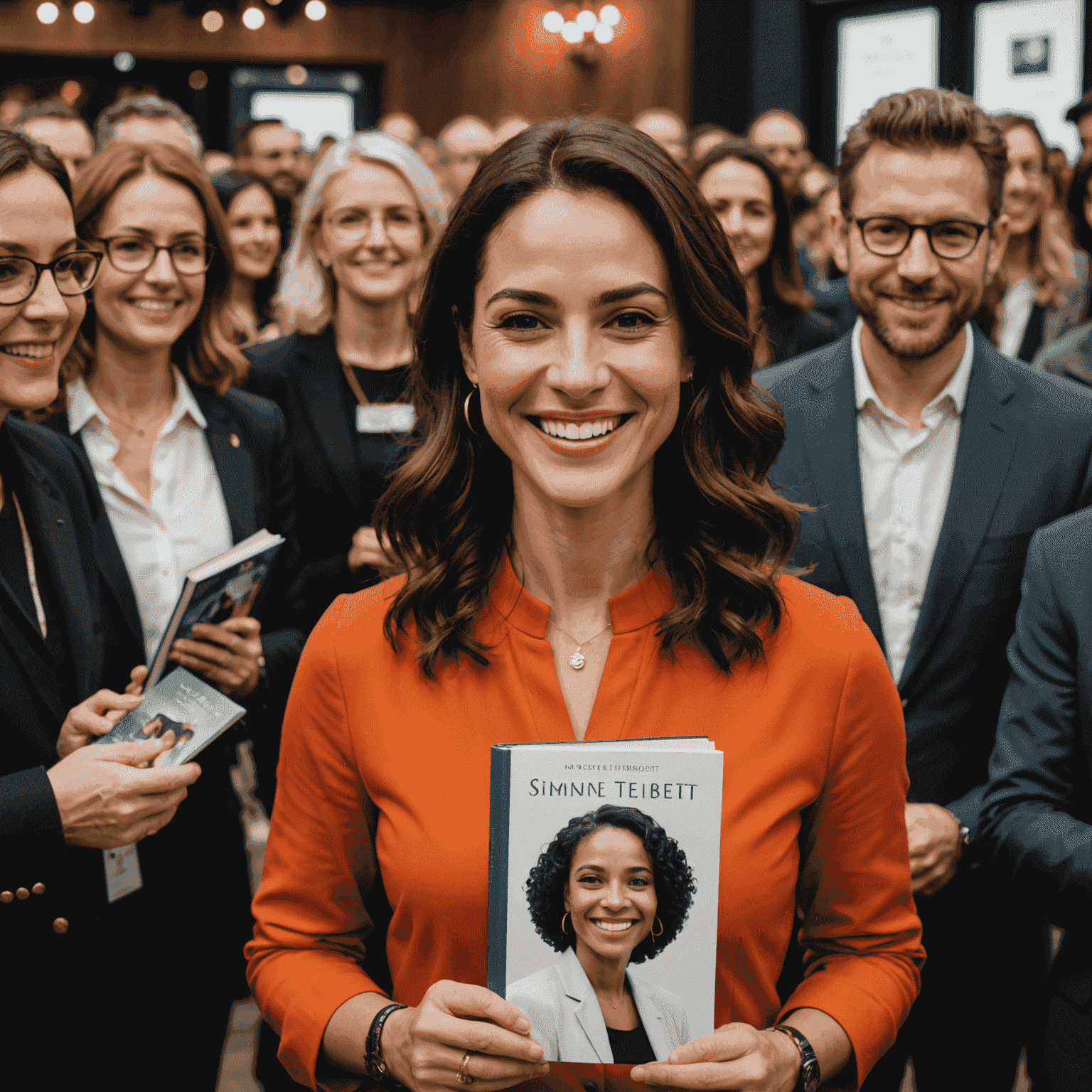 Simone Tebet sorrindo e segurando seu novo livro autobiográfico em um evento de lançamento. Ela está vestida elegantemente e rodeada por fãs entusiasmados.