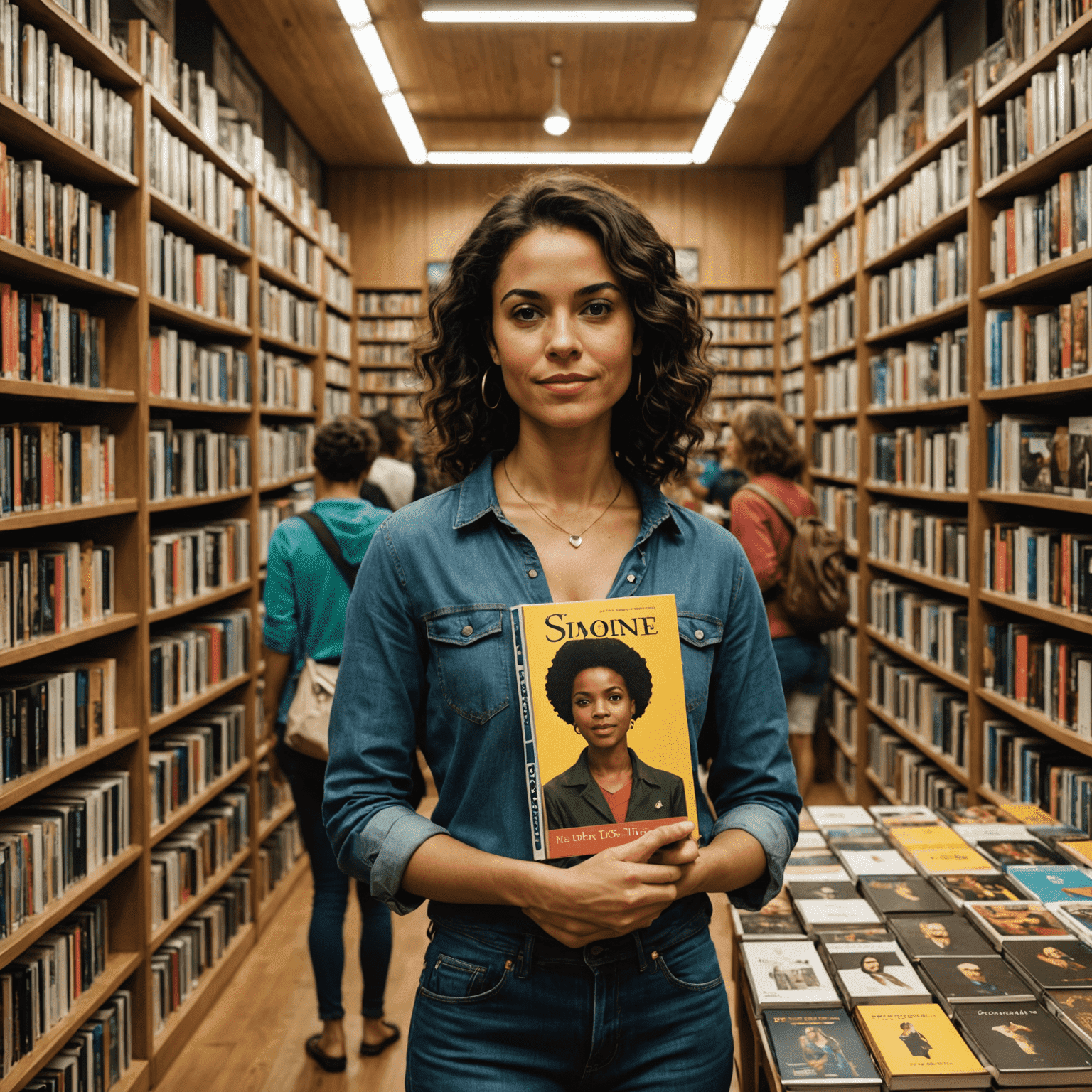 Capa do livro de Simone Tebet em destaque em uma livraria brasileira, com filas de leitores ansiosos esperando para comprar