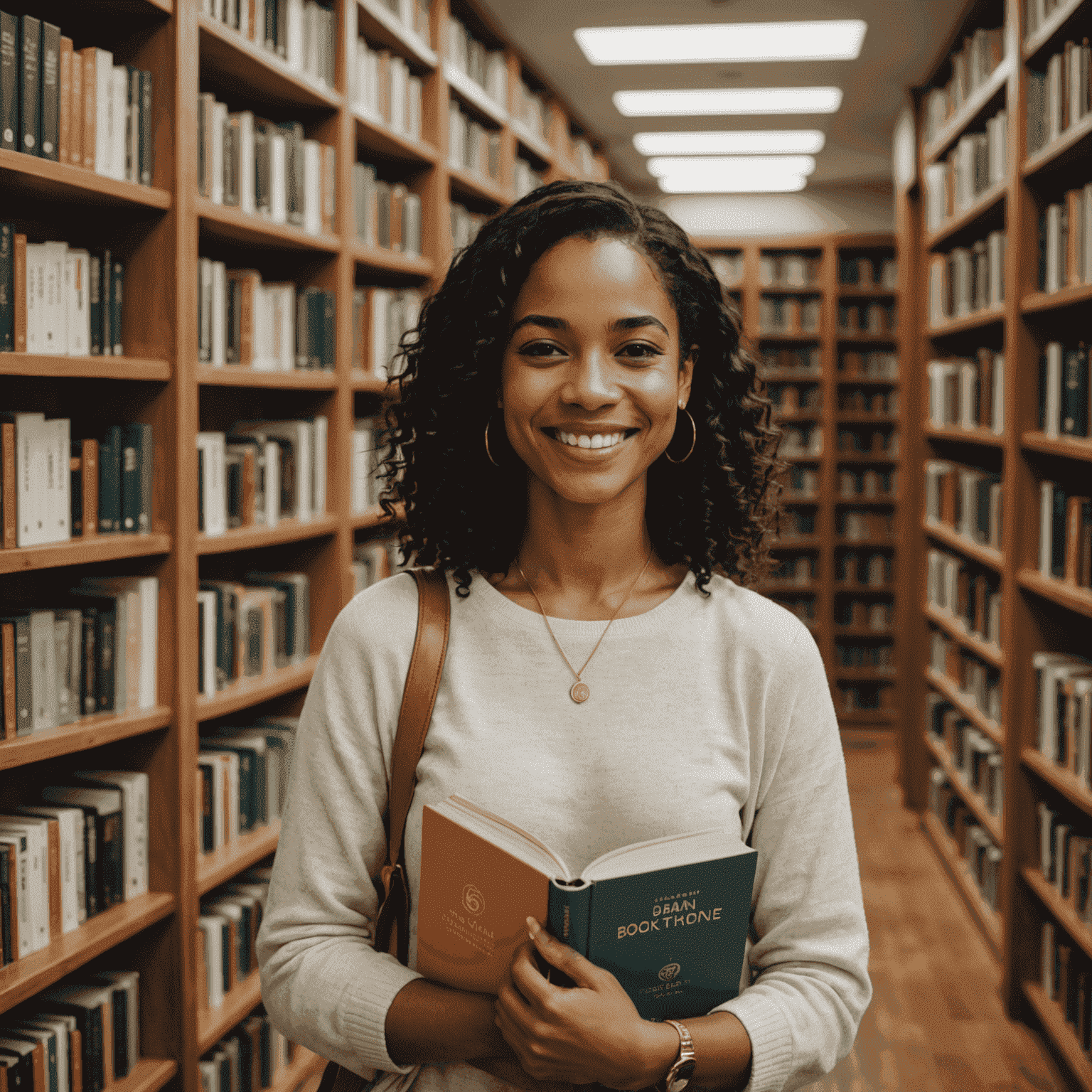 Imagem de Simone Tebet sorrindo, segurando um de seus livros em uma biblioteca. Estantes de livros ao fundo.