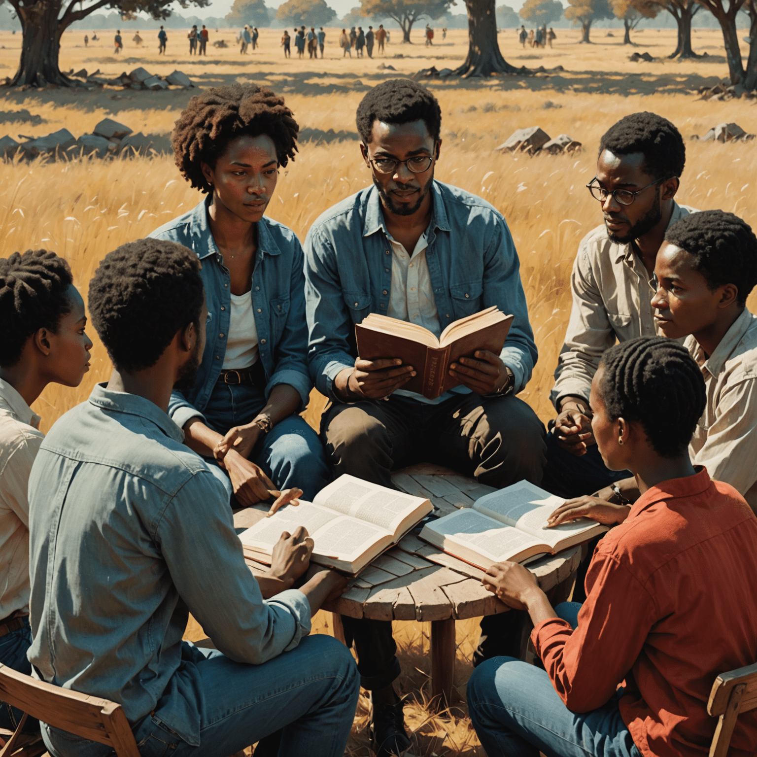 Imagem de um grupo de pessoas discutindo um livro, representando guias de discussão para os livros de Simone Tebet