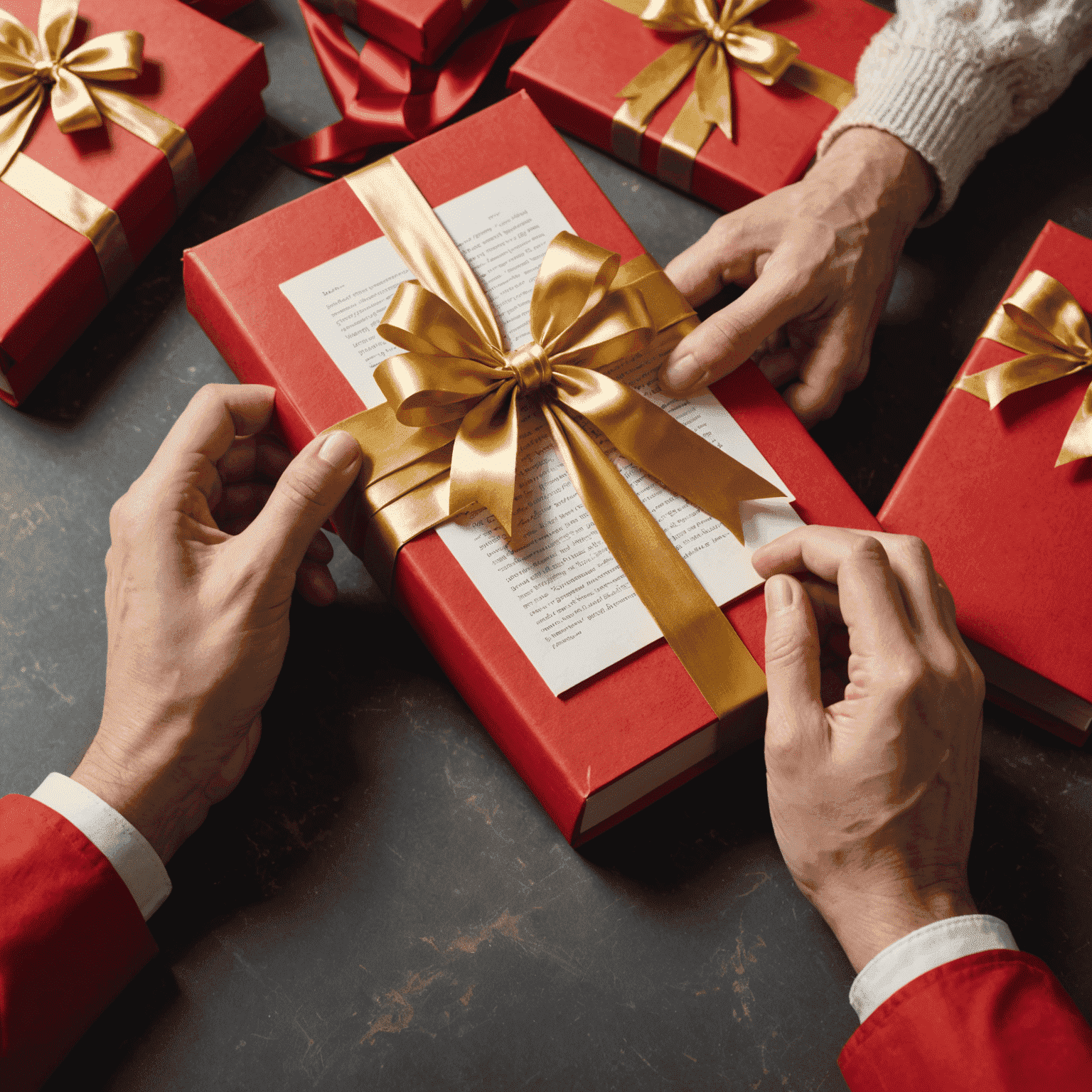 Mãos embrulhando um livro em papel de presente vermelho com um laço dourado