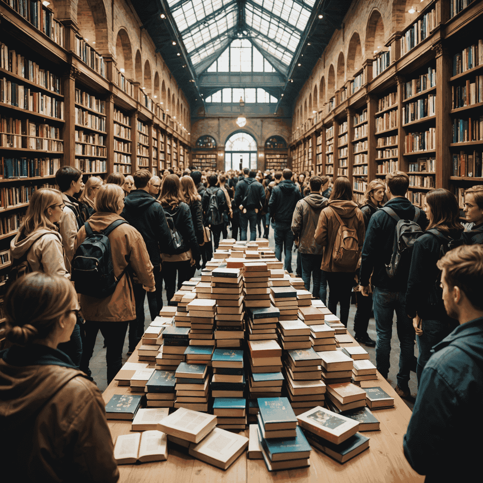 Gráfico mostrando o aumento nas vendas do livro de Simone Tebet, com pilhas de livros em primeiro plano e uma multidão de fãs ao fundo