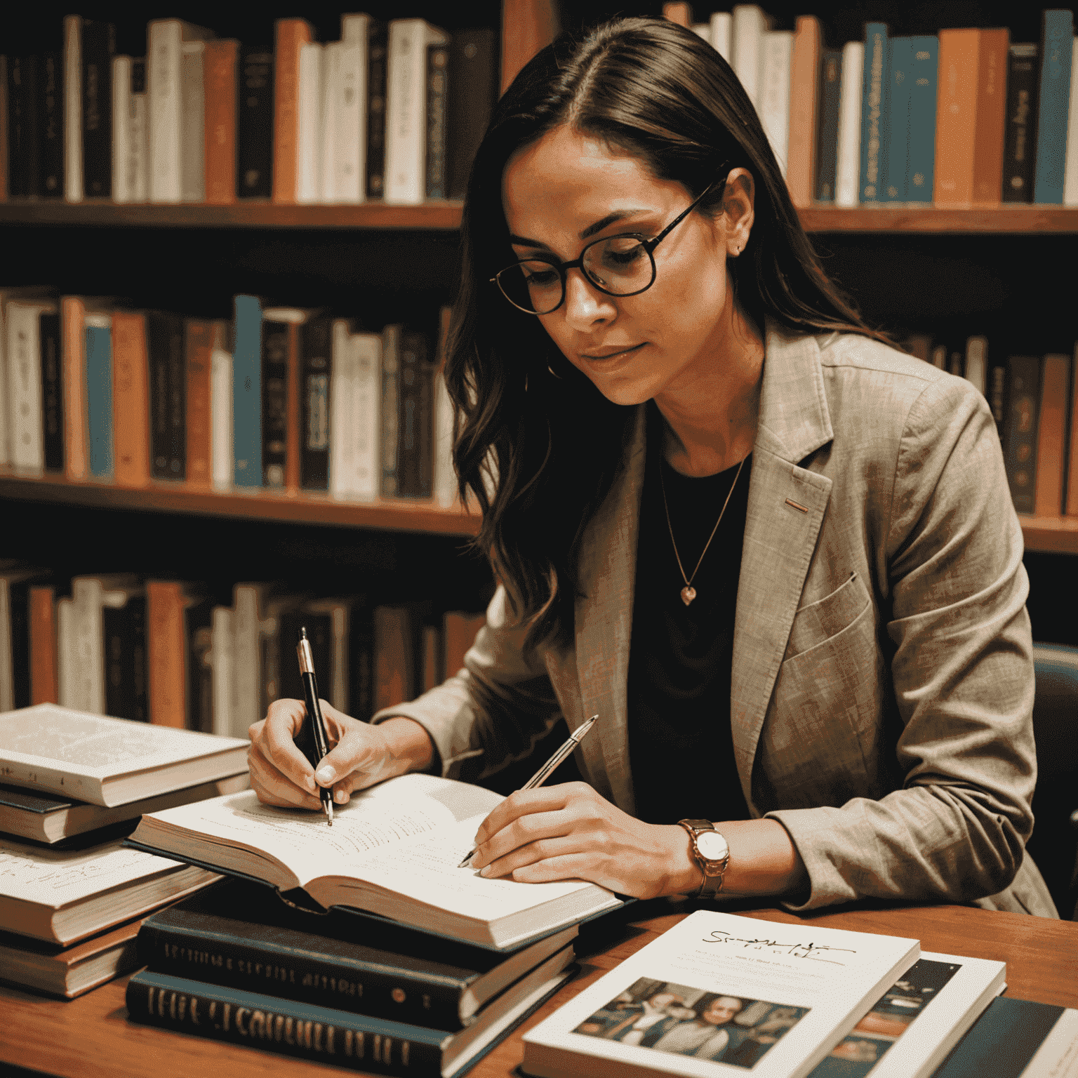 Imagem de Simone Tebet autografando um livro com uma pilha de livros assinados ao lado